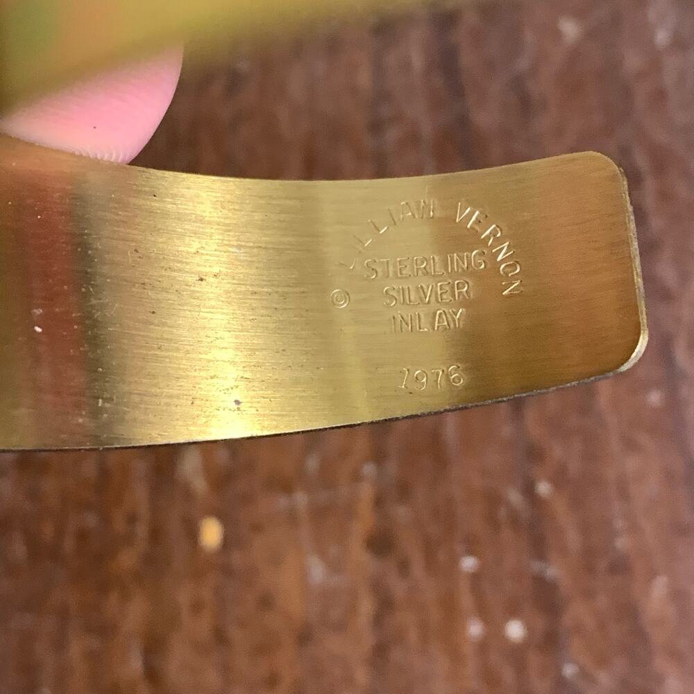 Vintage Signed Lillian Vernon 1976 Sterling Silver Inlay‎ Brass Cuff Bracelet - Picture 2 of 5